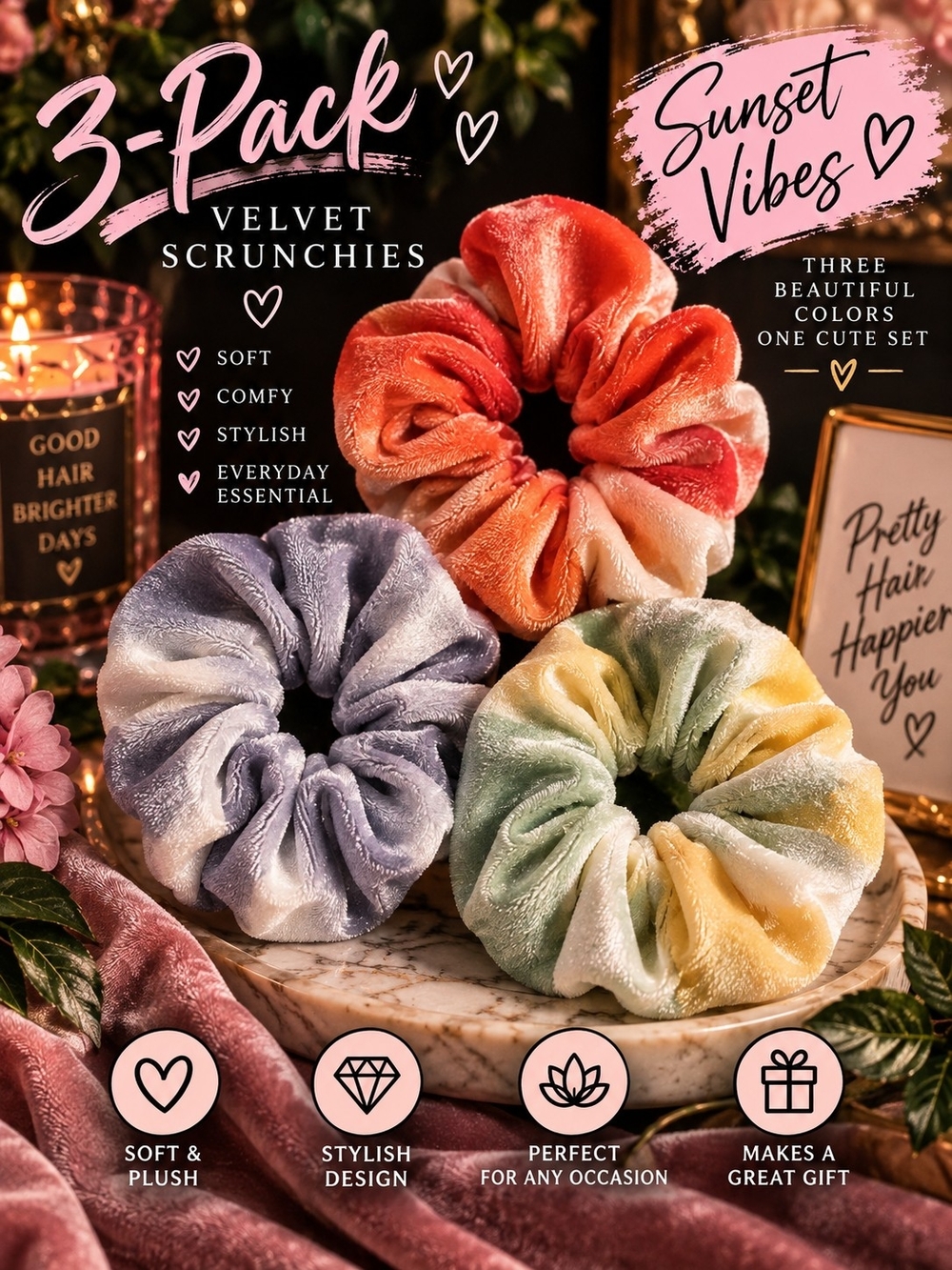 Sunset Vibes 3-Pack Large Velvet Scrunchies!
